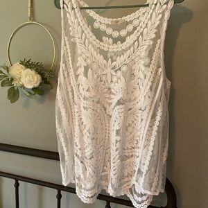 Sheer, lacy sleeveless blouse.